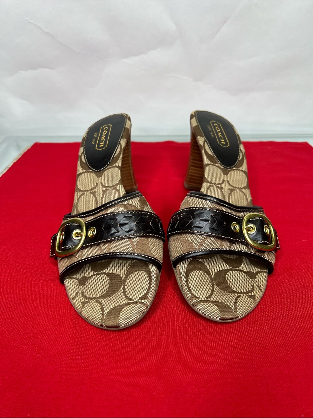 Coach Kamilah Brown Signature Canvas Slide Sandals with Buckle Detail A0137